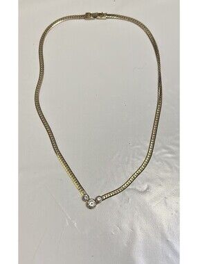 Vintage Gold Plated Herringbone Necklace w/ 3 Clear Rhinestones Pre-Owned 18”